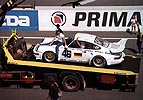 The Stuck, Rohrl and Haywood Porsche Turbo S Le Mans is brought in on a flat-bed at the end of the race!